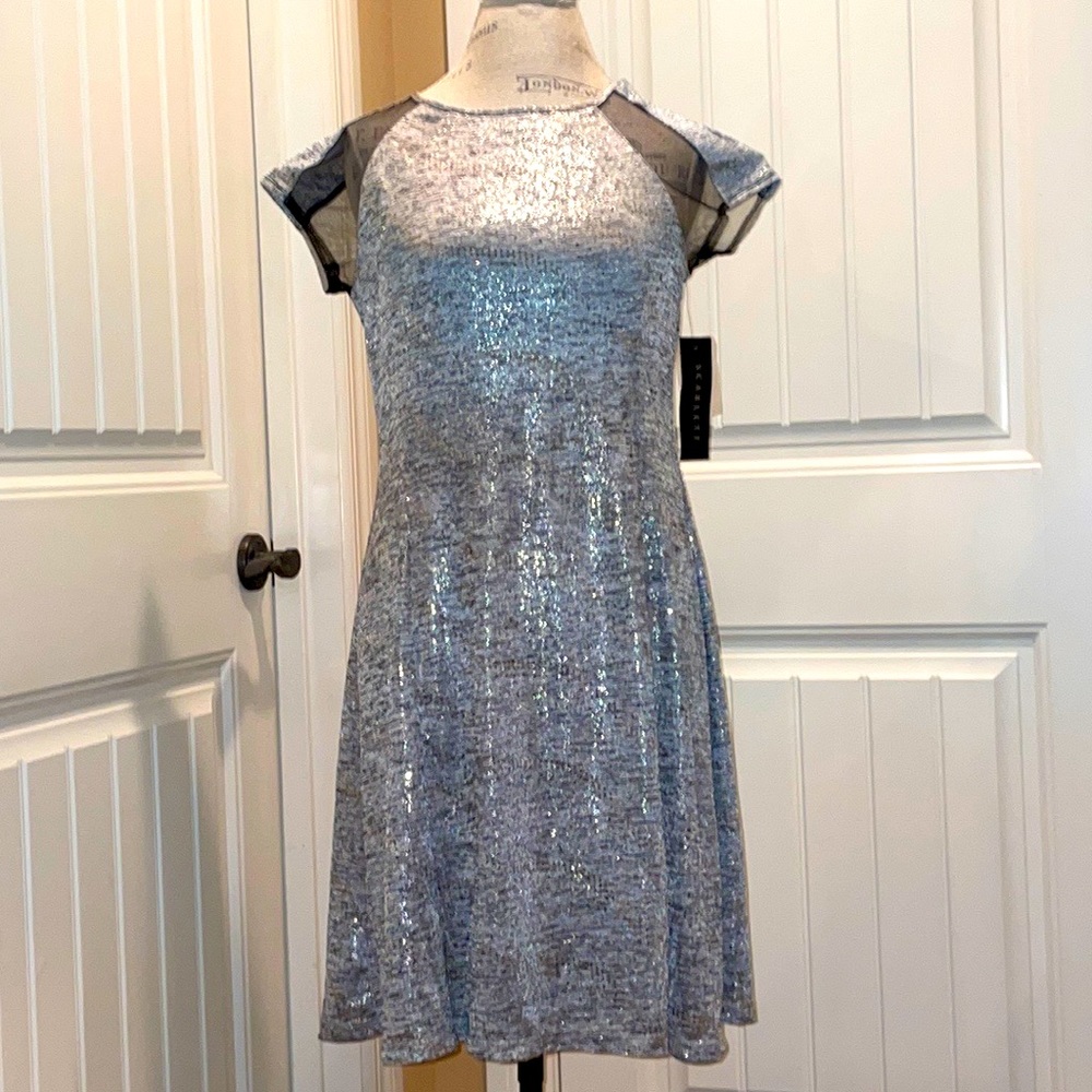 SCARLETT  10 Silver Sleeveless Dress Black mesh cutouts at Shoulder front & back